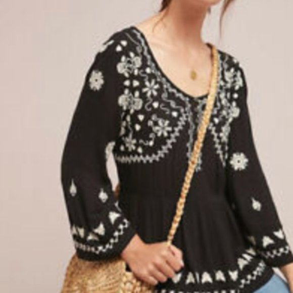 Meadow Rue Anthropologie Black Embroidered Blouse - Picture 2 of 5